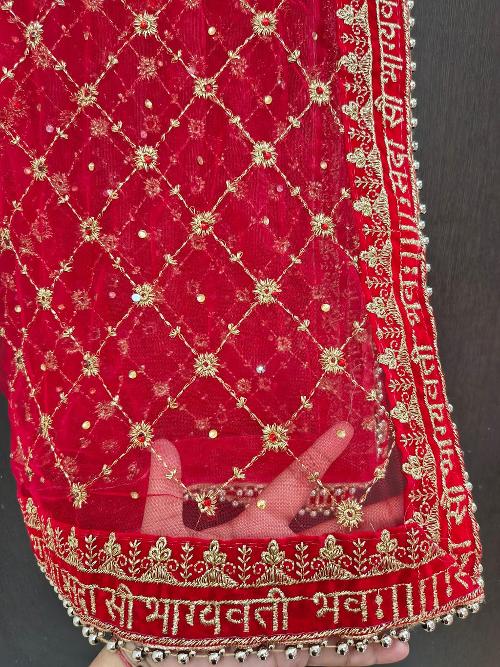 Red Bridal Net Dupatta with Gold Zardozi Jaal Work | Sada Saubhagyavati Bhava Sanskrit Border | Wedding Dupatta with Ghungroo Lace | 2.5m