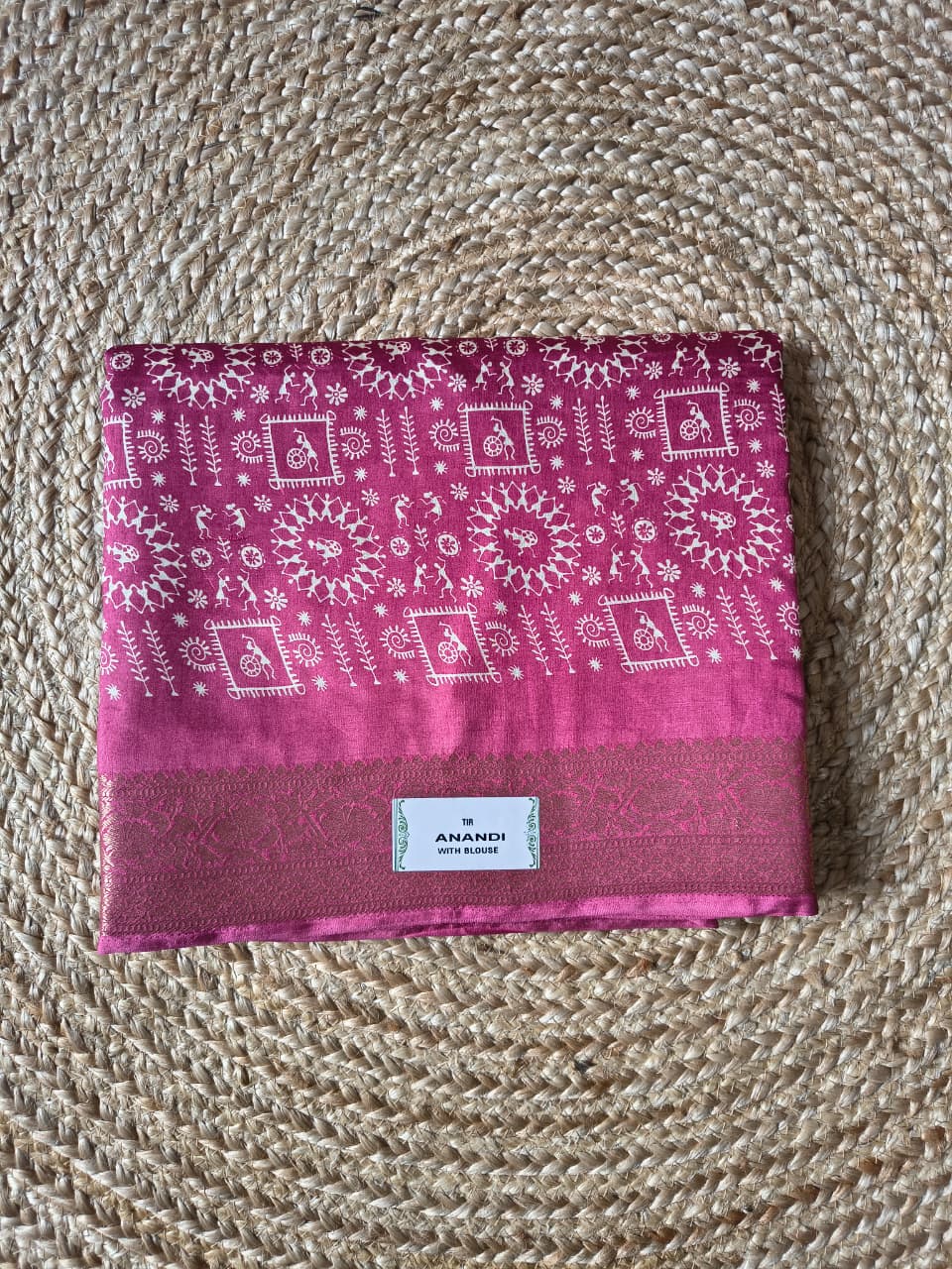Warli Tribal Art Modal Silk Saree with Gold Banarasi Zari Border | Soft Modal Silk | Unstitched Blouse Included | 6 Colors