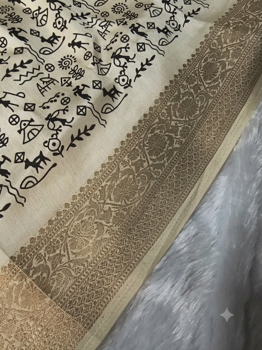 Warli Print Modal Silk Saree — Cream | Gold Zari Border | Tribal Folk Art