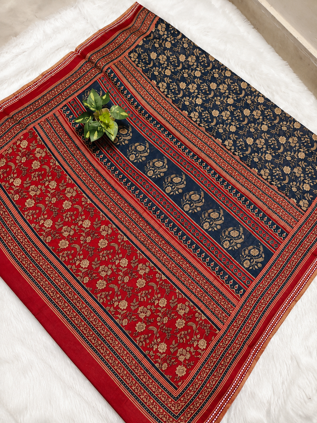 Mul Cotton Saree — Navy Blue Ajrakh Block Print | With Blouse Piece