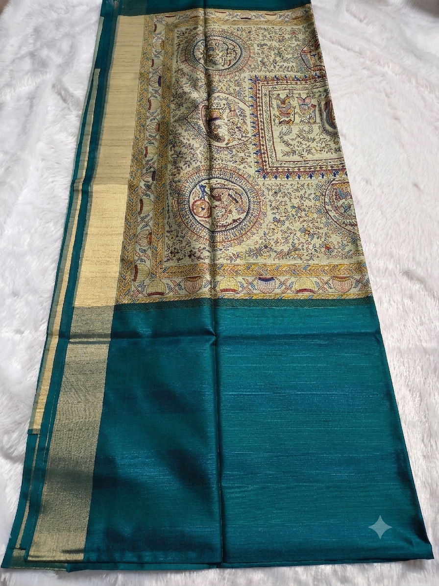Modal Silk Madhubani Print Saree — Peacock Blue | With Blouse Piece