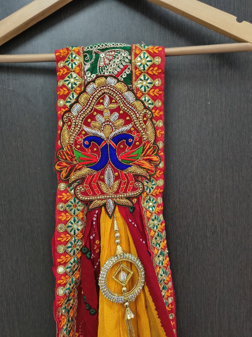 Rajasthani Bandhani Brooch Dupatta with Peacock Embroidery & Gota Patti Work