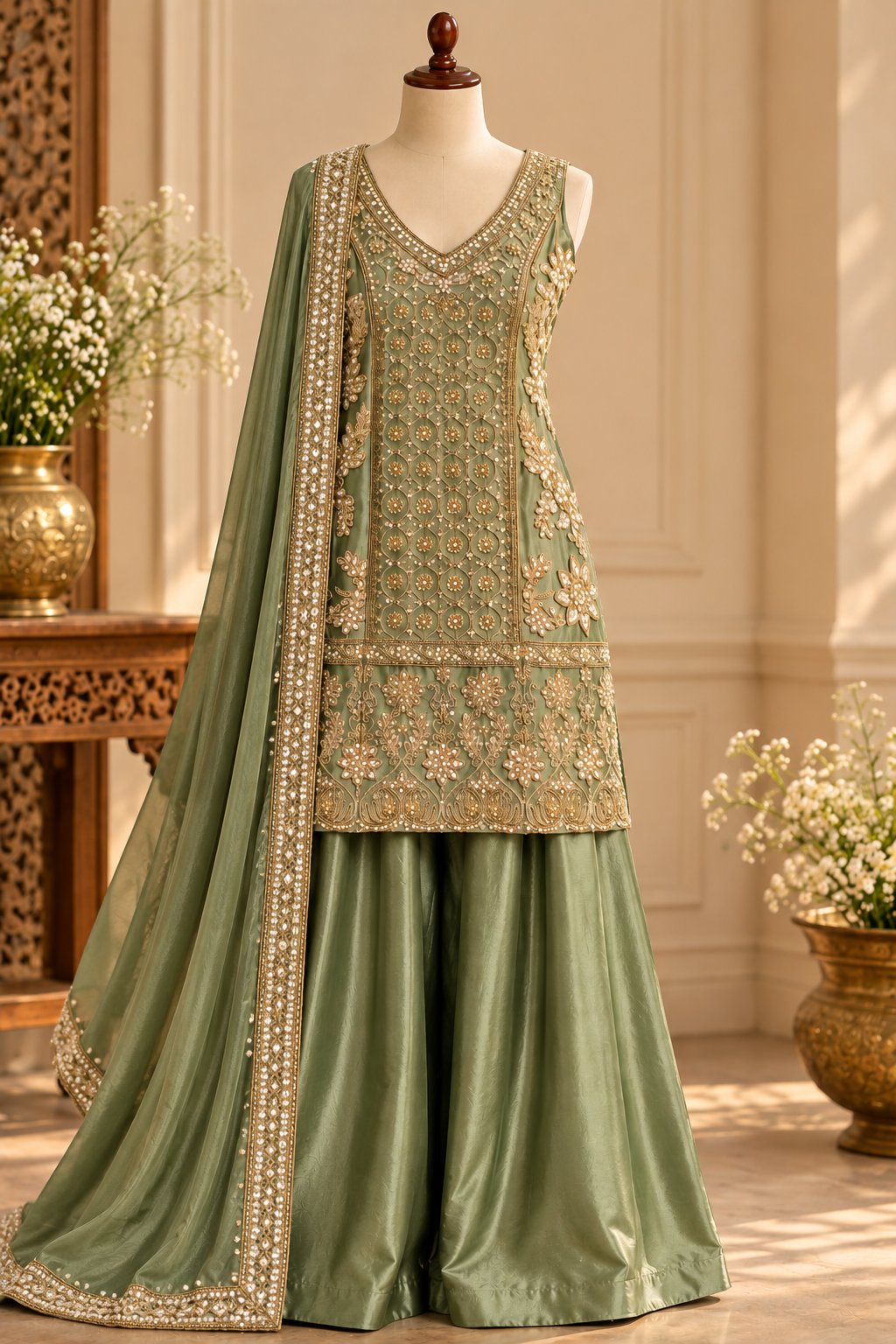 Olive Green Zari & Sequin Embroidered Palazzo Suit Set