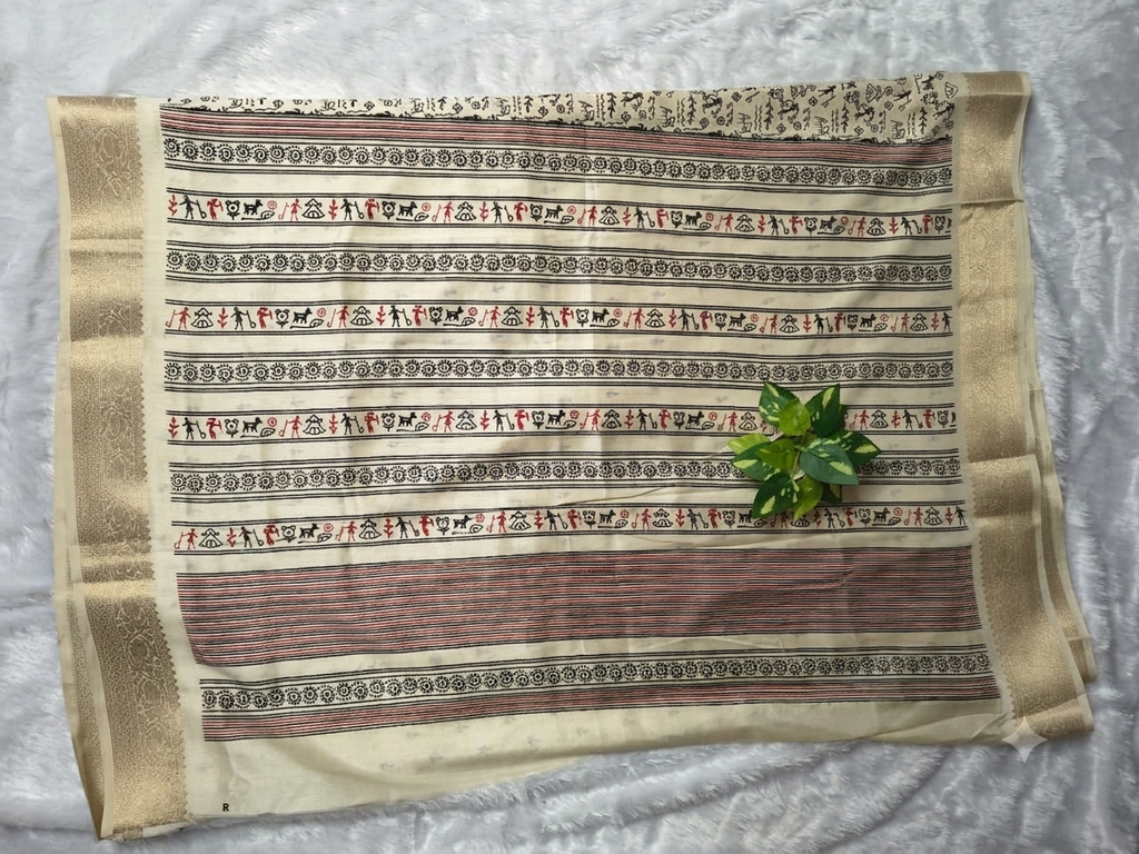 Warli Print Modal Silk Saree — Cream | Gold Zari Border | Tribal Folk Art
