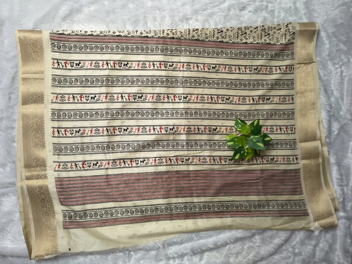 Warli Print Modal Silk Saree — Cream | Gold Zari Border | Tribal Folk Art