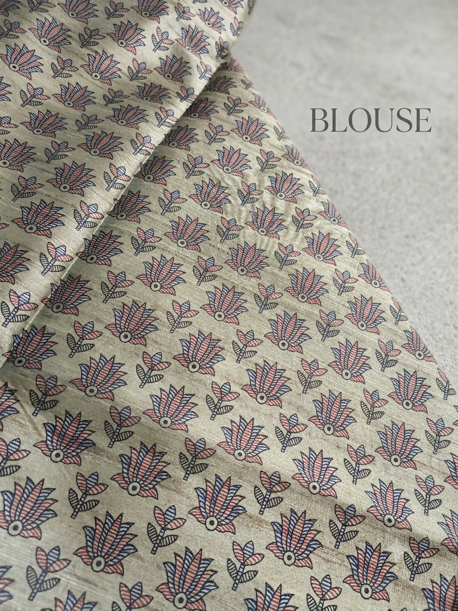 Modal Silk Madhubani Print Saree — Peacock Blue | With Blouse Piece