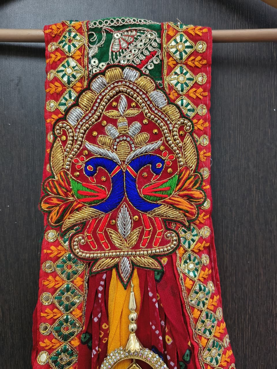 Rajasthani Bandhani Brooch Dupatta with Peacock Embroidery & Gota Patti Work