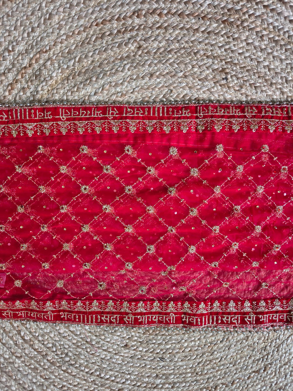 Red Bridal Net Dupatta with Gold Zardozi Jaal Work | Sada Saubhagyavati Bhava Sanskrit Border | Wedding Dupatta with Ghungroo Lace | 2.5m