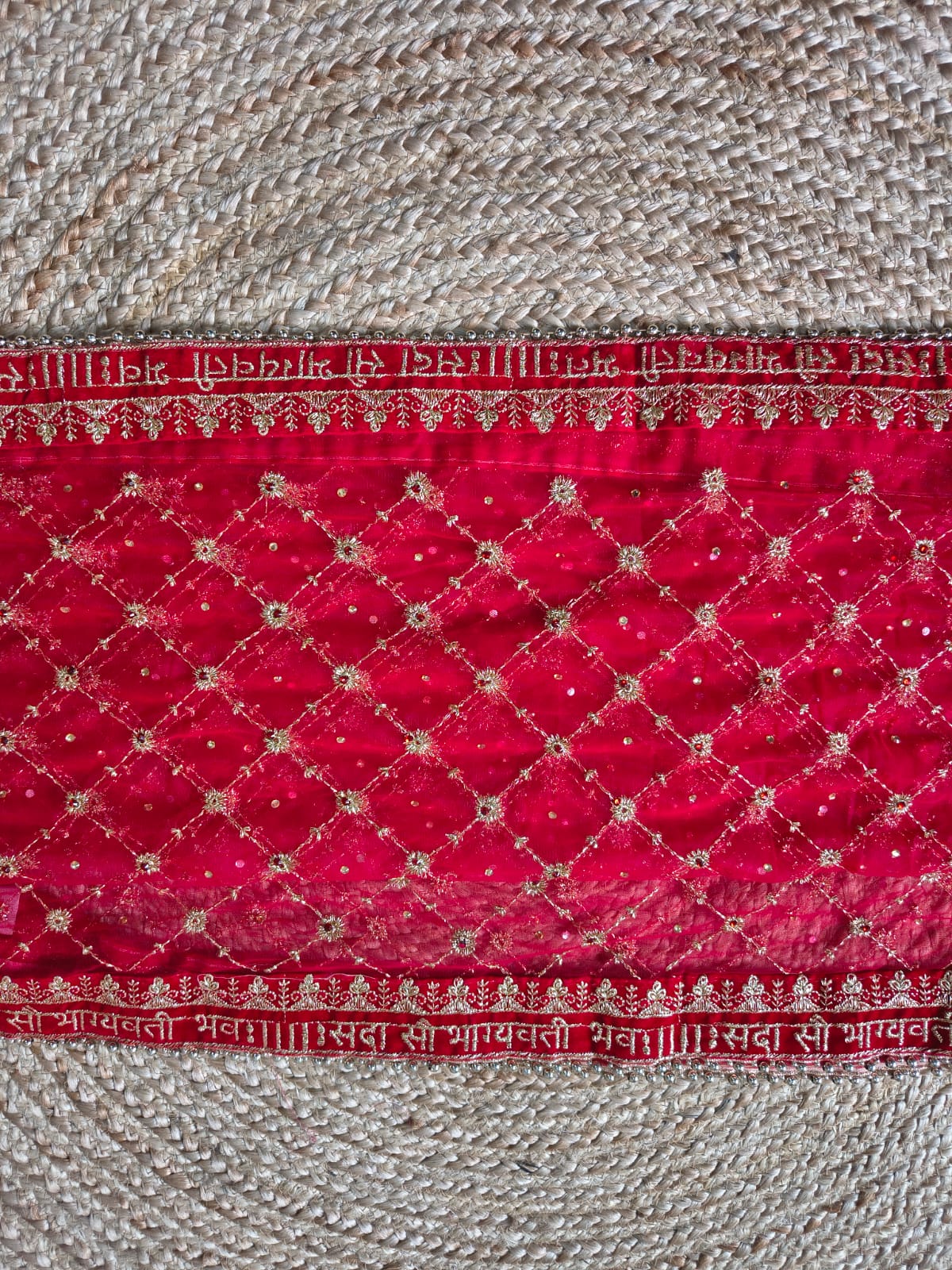 Red Bridal Net Dupatta with Gold Zardozi Jaal Work | Sada Saubhagyavati Bhava Sanskrit Border | Wedding Dupatta with Ghungroo Lace | 2.5m