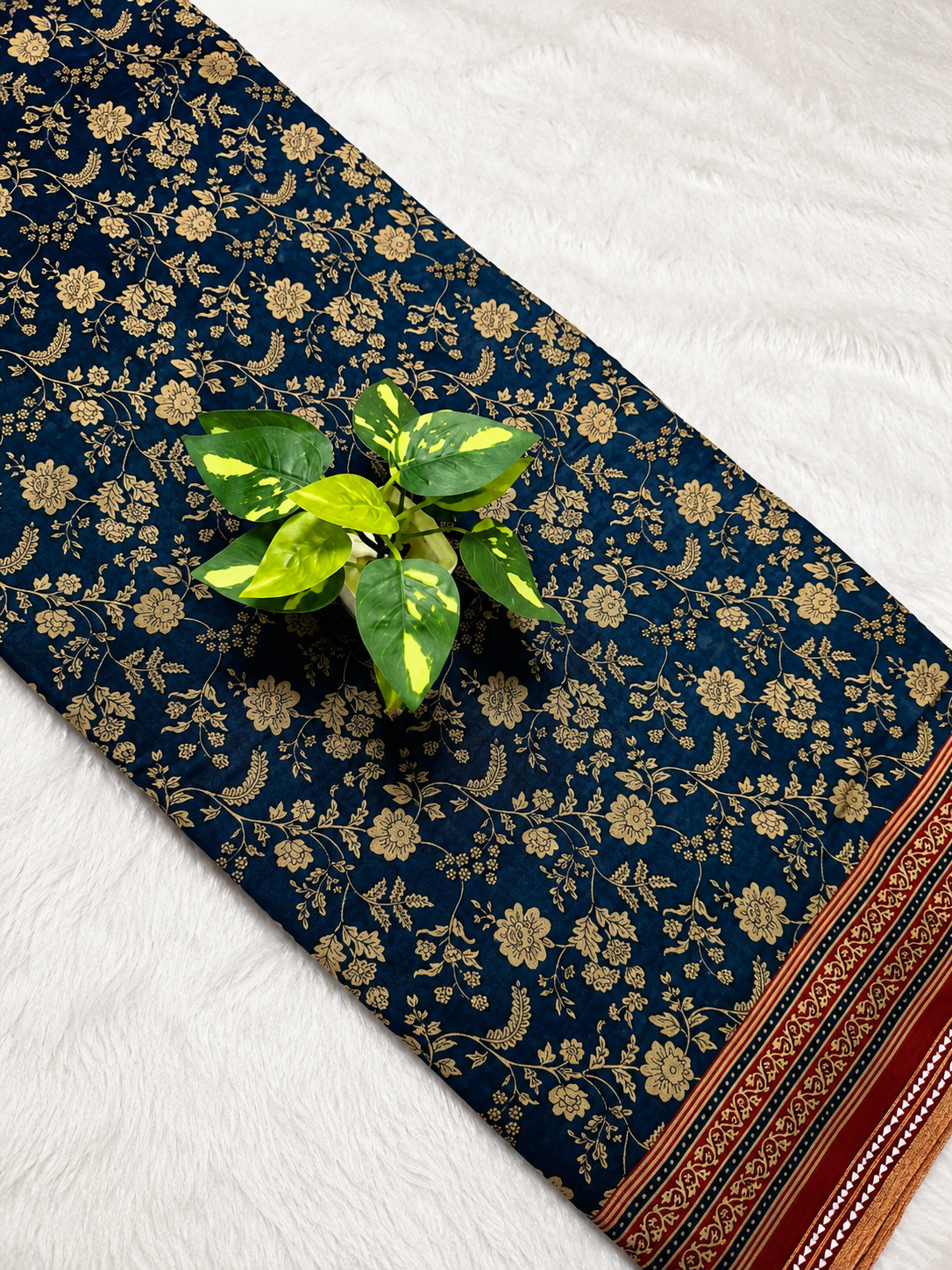 Mul Cotton Saree — Navy Blue Ajrakh Block Print | With Blouse Piece