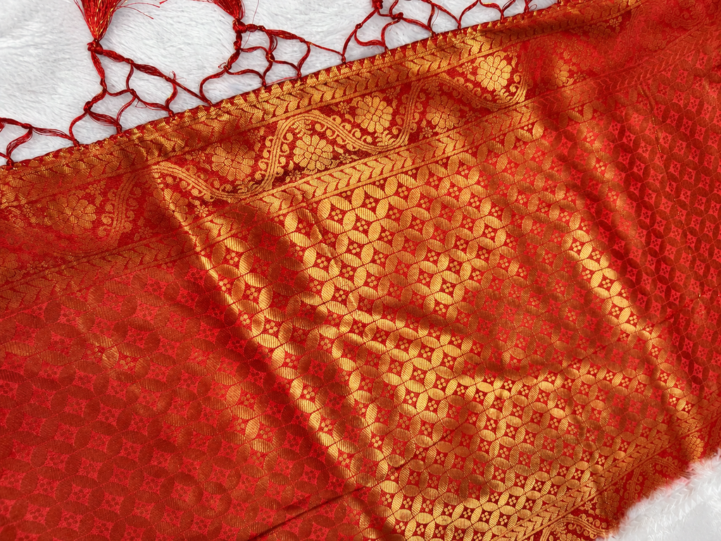 Soft Silk Kanjeevaram Style Saree — Beige with Red Zari Border | With Blouse Piece