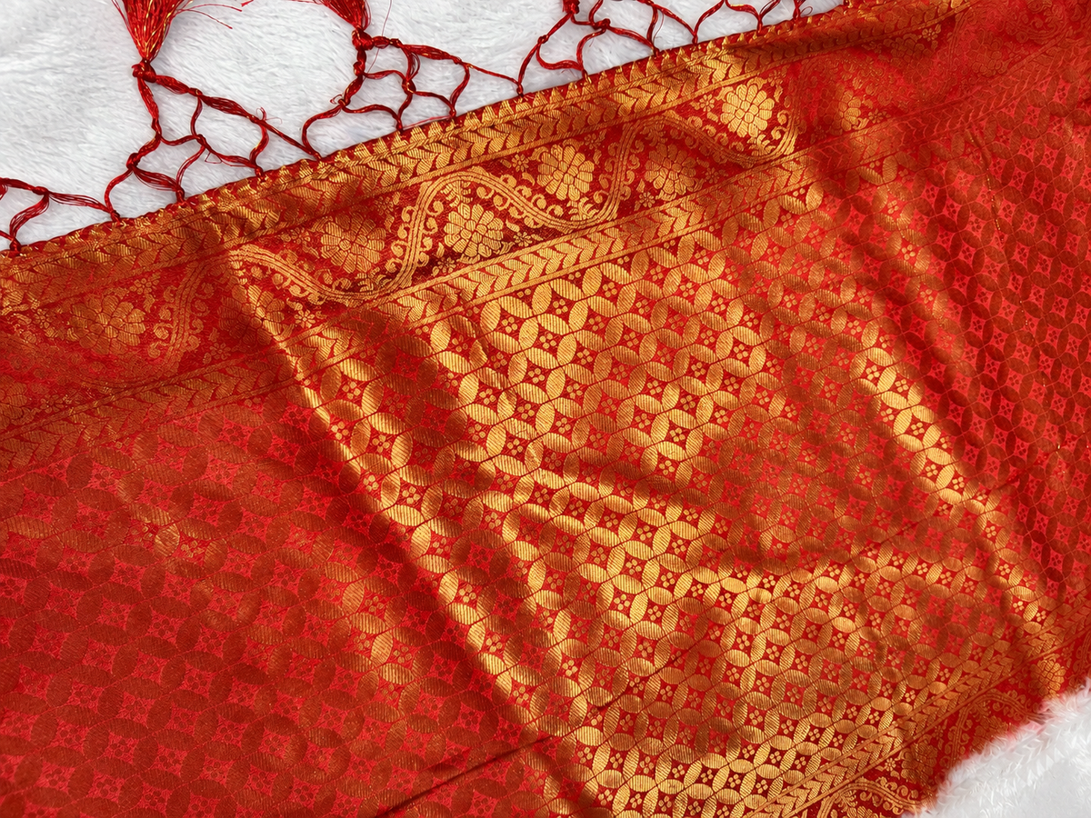 Soft Silk Kanjeevaram Style Saree — Beige with Red Zari Border | With Blouse Piece