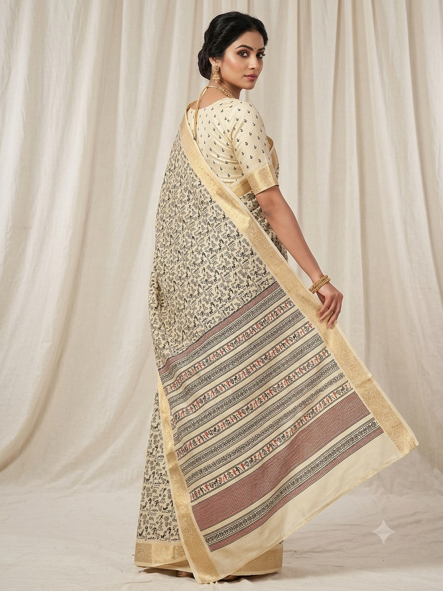 Warli Print Modal Silk Saree — Cream | Gold Zari Border | Tribal Folk Art
