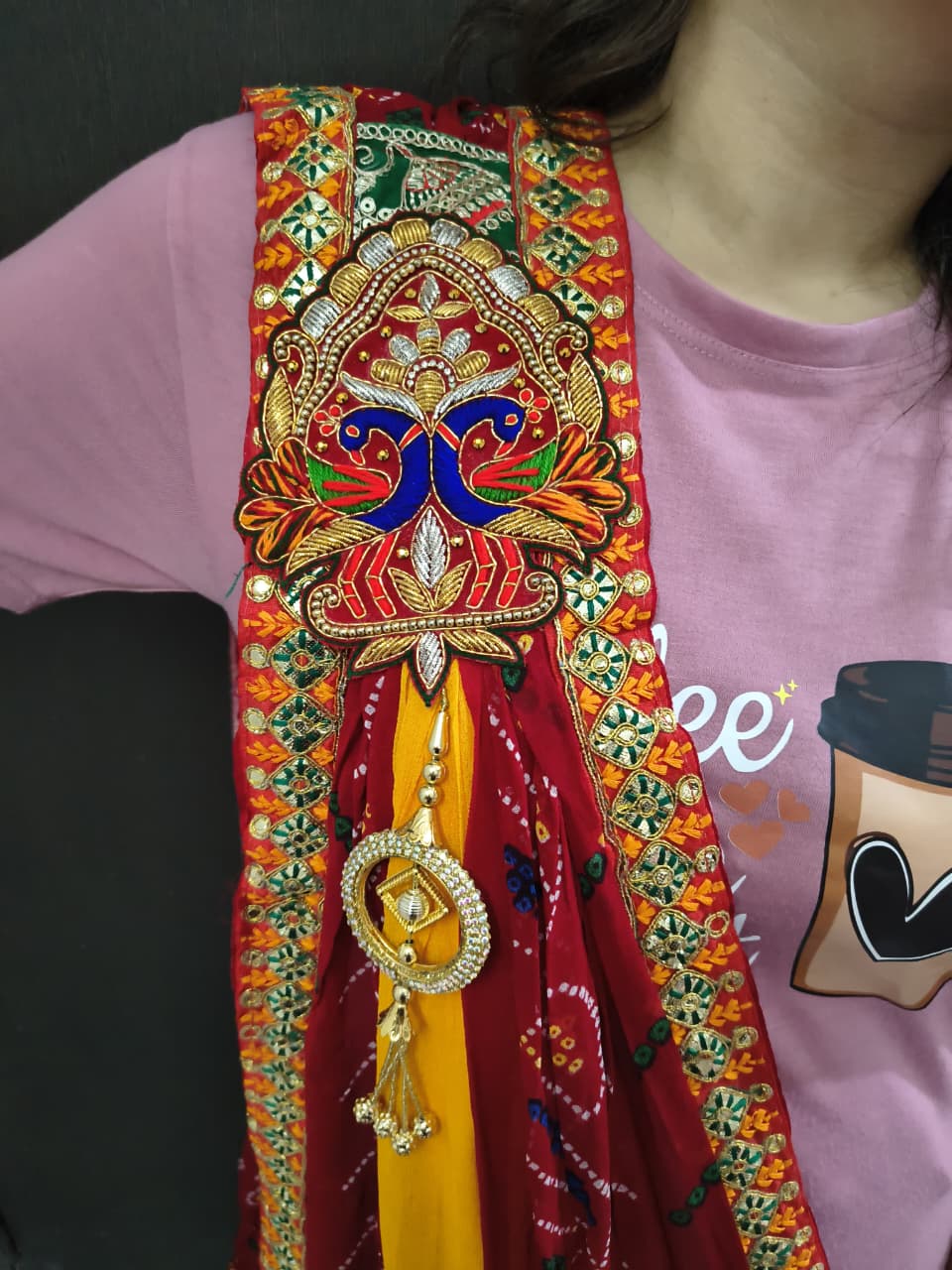 Rajasthani Bandhani Brooch Dupatta with Peacock Embroidery & Gota Patti Work