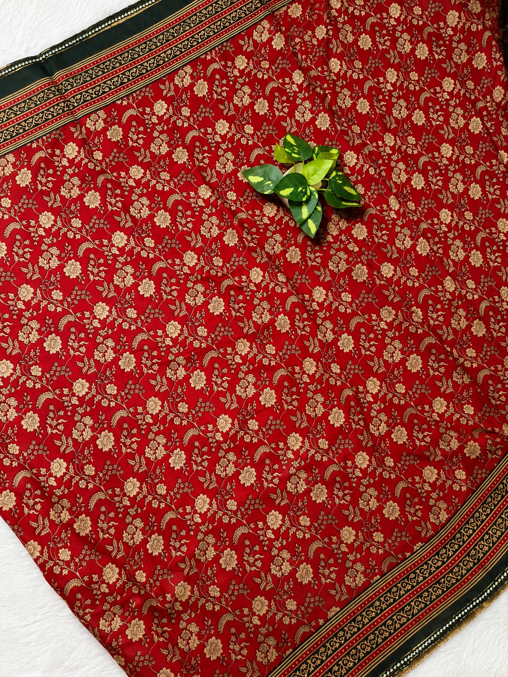 Mul Cotton Saree — Maroon Ajrakh Block Print with Bottle Green Border | With Blouse Piece
