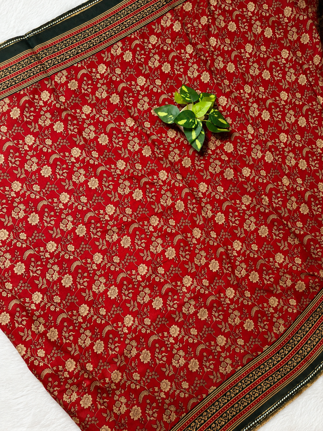 Mul Cotton Saree — Maroon Ajrakh Block Print with Bottle Green Border | With Blouse Piece