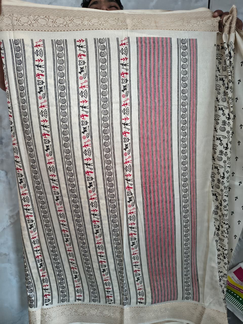 Warli Tribal Art Modal Silk Saree with Gold Banarasi Zari Border | Soft Modal Silk | Unstitched Blouse Included | 6 Colors