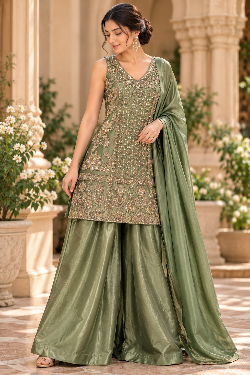 Olive Green Zari & Sequin Embroidered Palazzo Suit Set