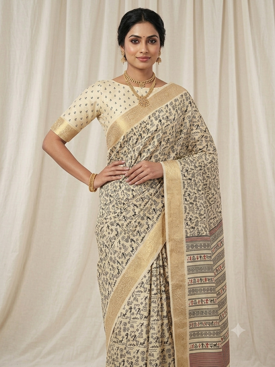 Warli Print Modal Silk Saree — Cream | Gold Zari Border | Tribal Folk Art