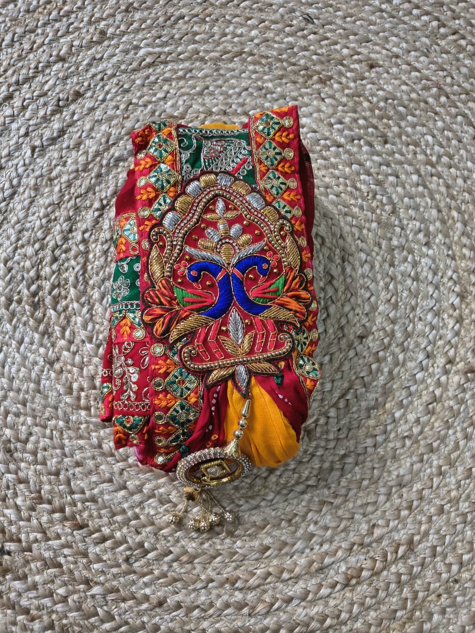 Rajasthani Bandhani Brooch Dupatta with Peacock Embroidery & Gota Patti Work
