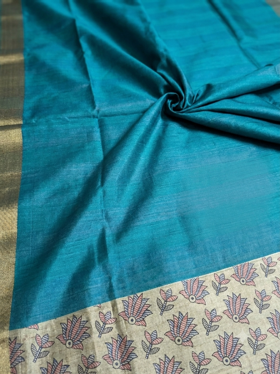 Modal Silk Madhubani Print Saree — Peacock Blue | With Blouse Piece