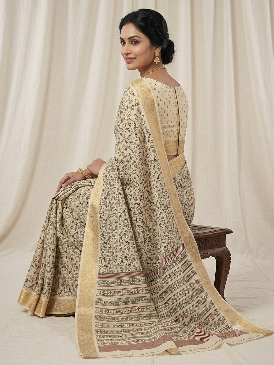 Warli Print Modal Silk Saree — Cream | Gold Zari Border | Tribal Folk Art