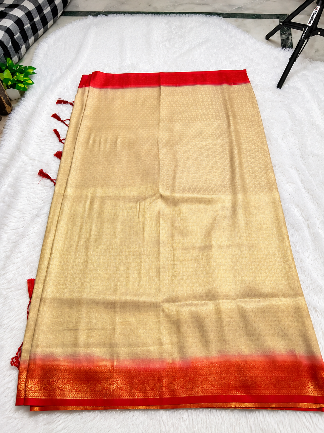 Soft Silk Kanjeevaram Style Saree — Beige with Red Zari Border | With Blouse Piece