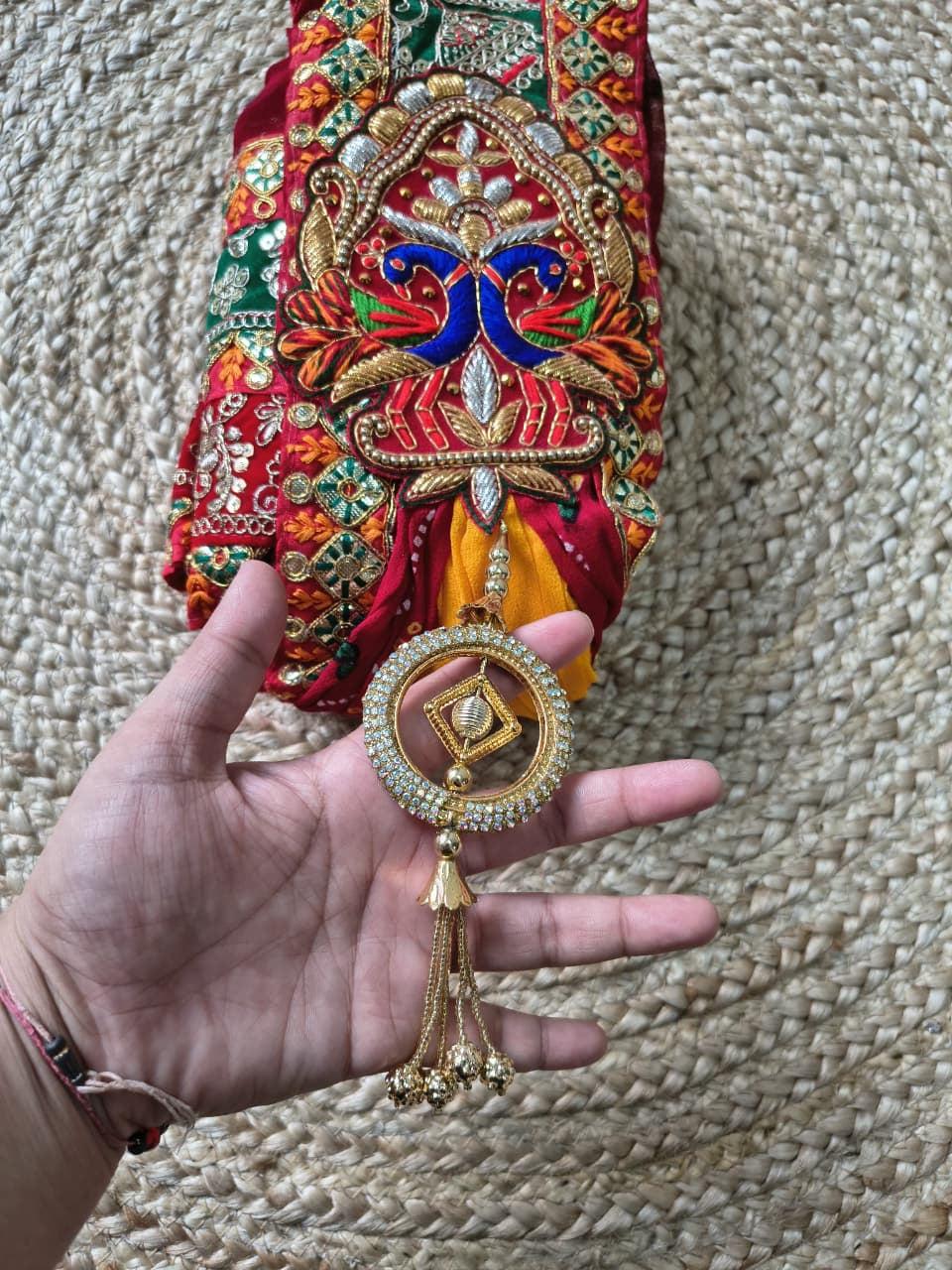 Rajasthani Bandhani Brooch Dupatta with Peacock Embroidery & Gota Patti Work