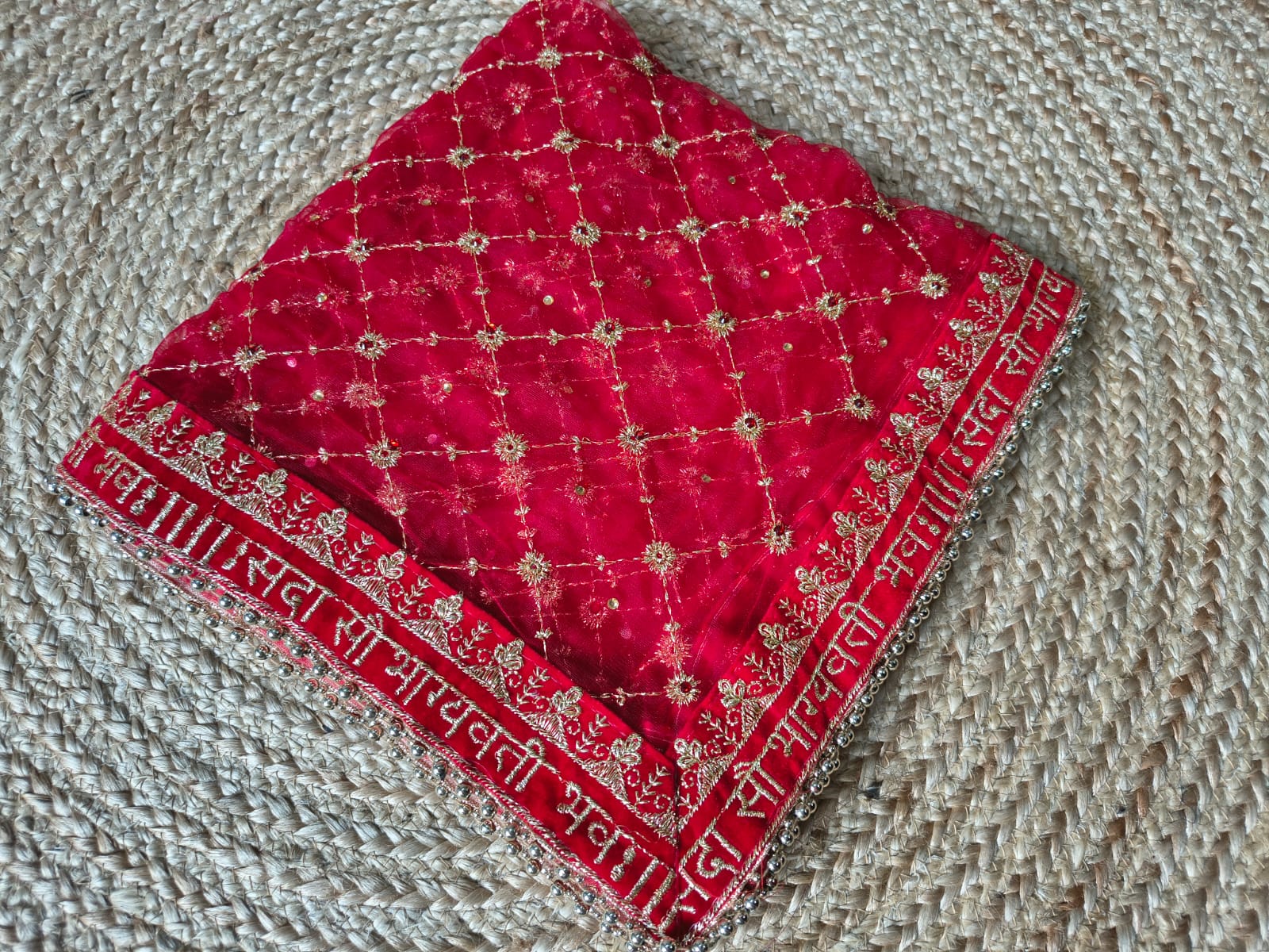 Red Bridal Net Dupatta with Gold Zardozi Jaal Work | Sada Saubhagyavati Bhava Sanskrit Border | Wedding Dupatta with Ghungroo Lace | 2.5m