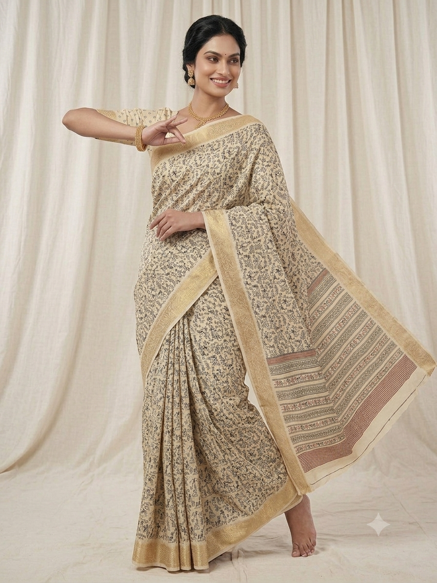 Warli Print Modal Silk Saree — Cream | Gold Zari Border | Tribal Folk Art