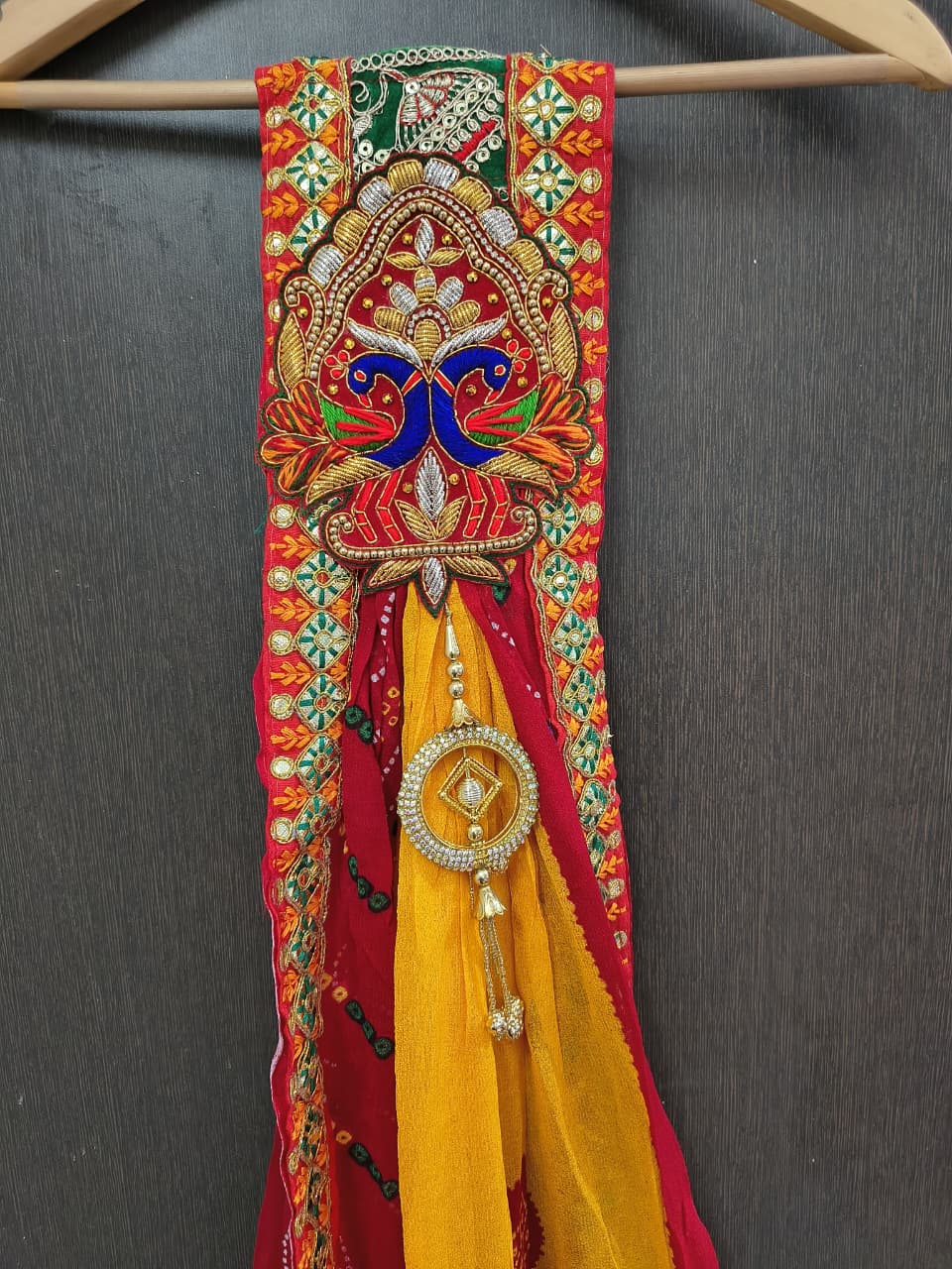 Rajasthani Bandhani Brooch Dupatta with Peacock Embroidery & Gota Patti Work