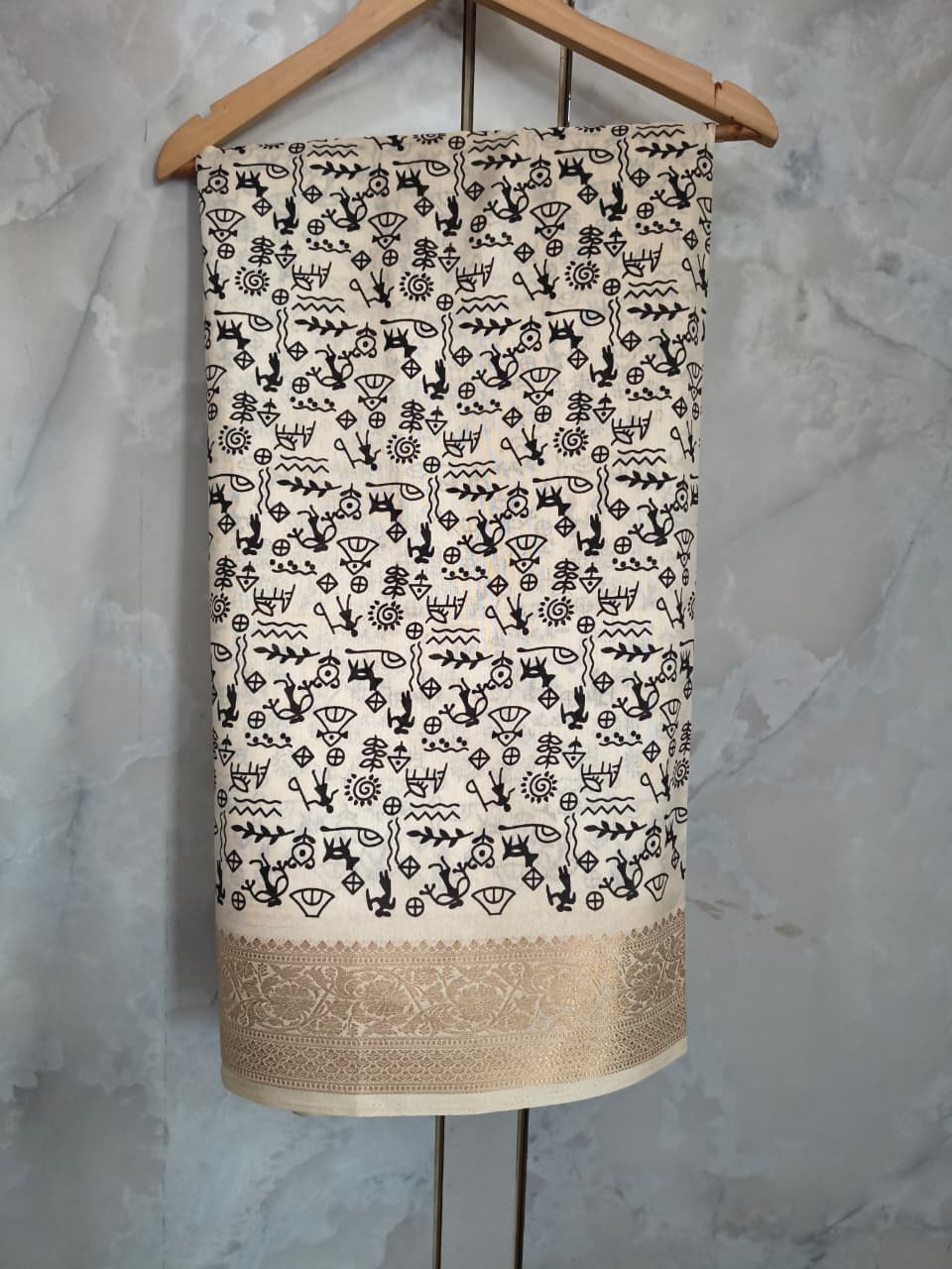 Warli Tribal Art Modal Silk Saree with Gold Banarasi Zari Border | Soft Modal Silk | Unstitched Blouse Included | 6 Colors