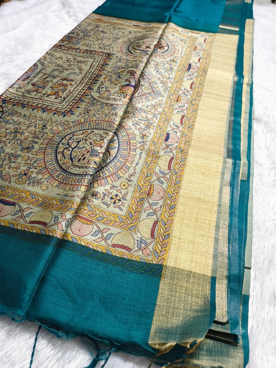 Modal Silk Madhubani Print Saree — Peacock Blue | With Blouse Piece