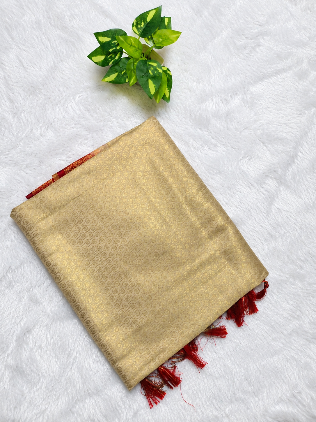 Soft Silk Kanjeevaram Style Saree — Beige with Red Zari Border | With Blouse Piece