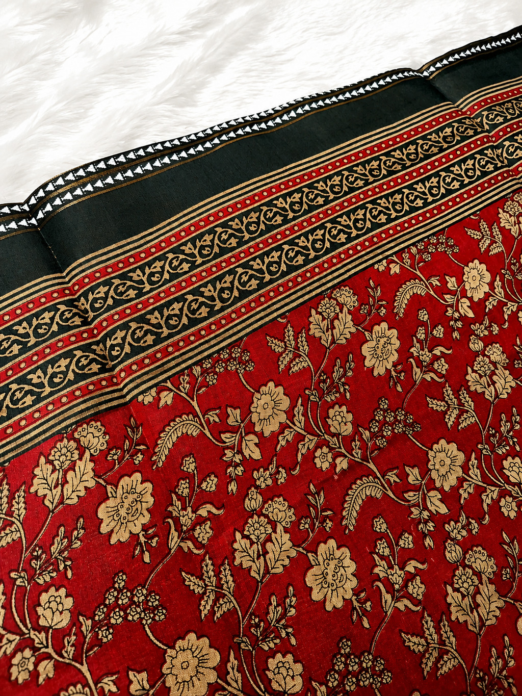 Mul Cotton Saree — Maroon Ajrakh Block Print with Bottle Green Border | With Blouse Piece