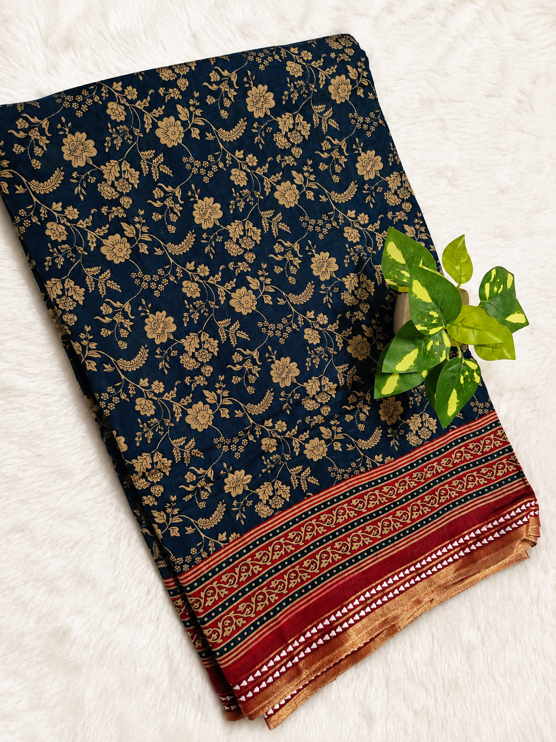 Mul Cotton Saree — Navy Blue Ajrakh Block Print | With Blouse Piece