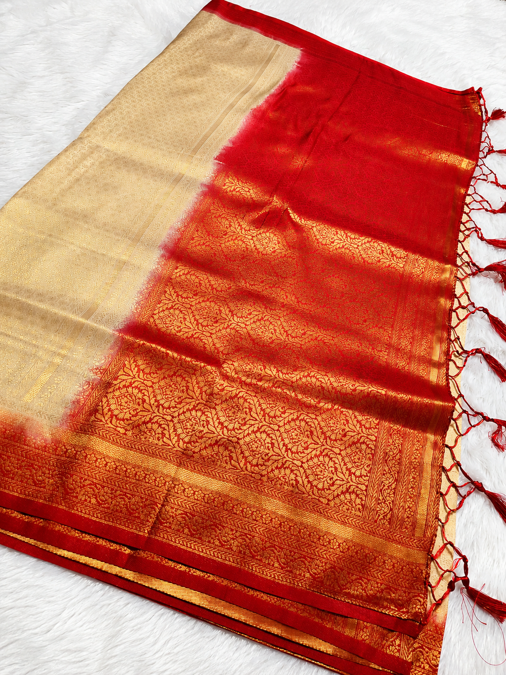 Soft Silk Kanjeevaram Style Saree — Beige with Red Zari Border | With Blouse Piece