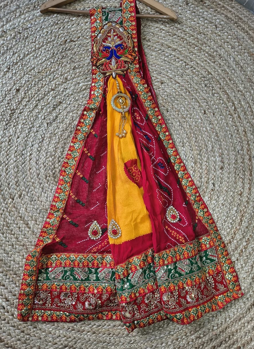 Rajasthani Bandhani Brooch Dupatta with Peacock Embroidery & Gota Patti Work