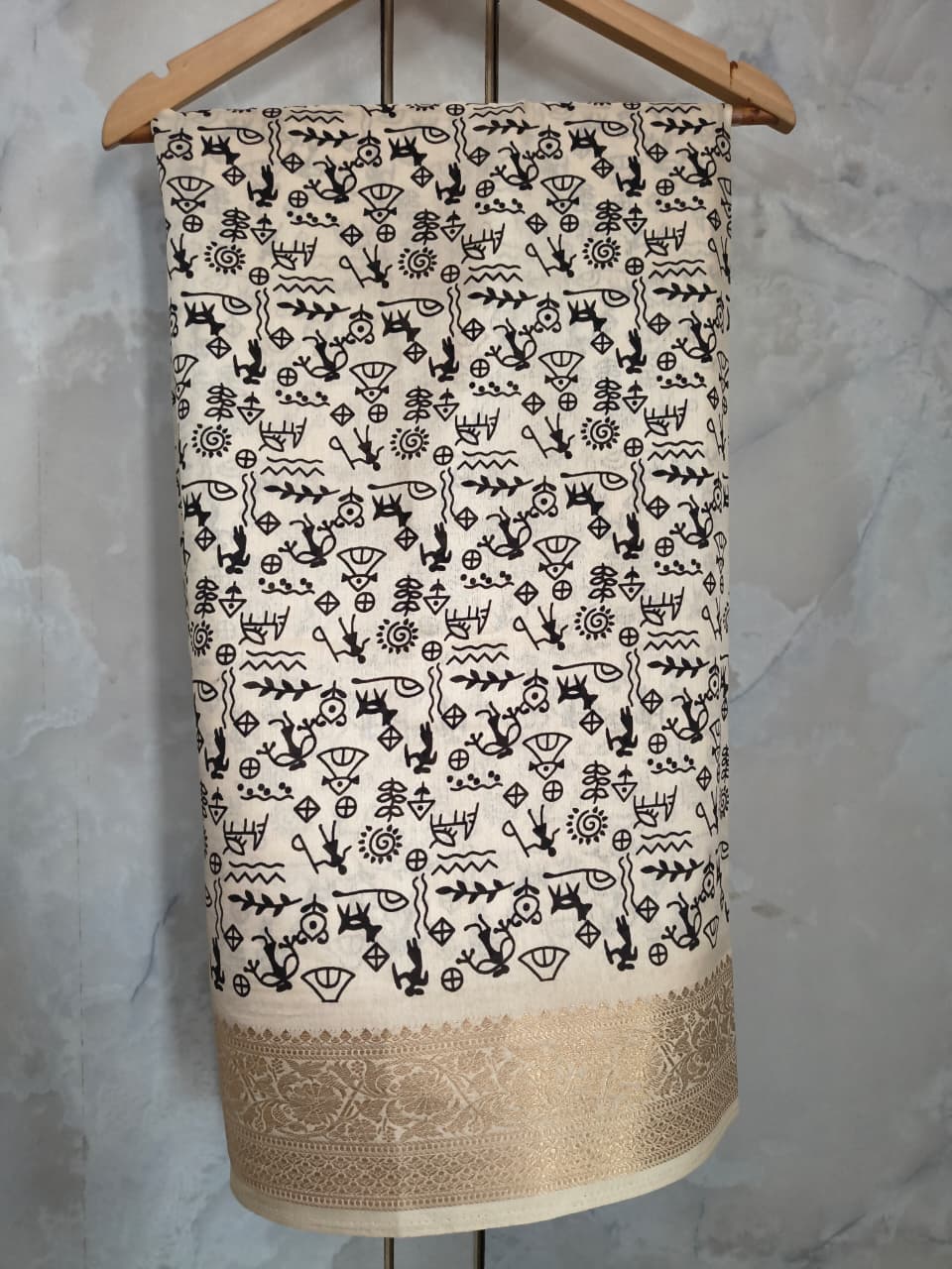Warli Tribal Art Modal Silk Saree with Gold Banarasi Zari Border | Soft Modal Silk | Unstitched Blouse Included | 6 Colors
