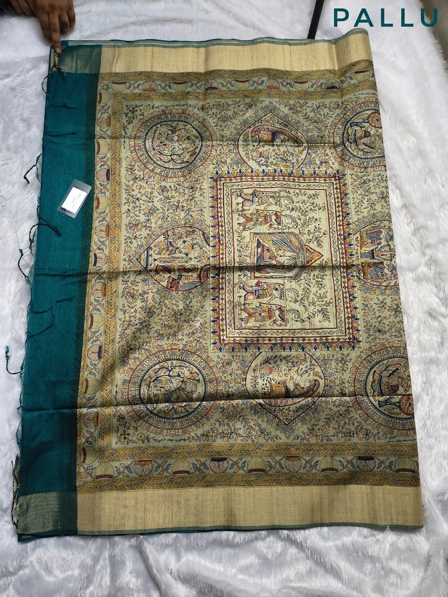 Modal Silk Madhubani Print Saree — Peacock Blue | With Blouse Piece