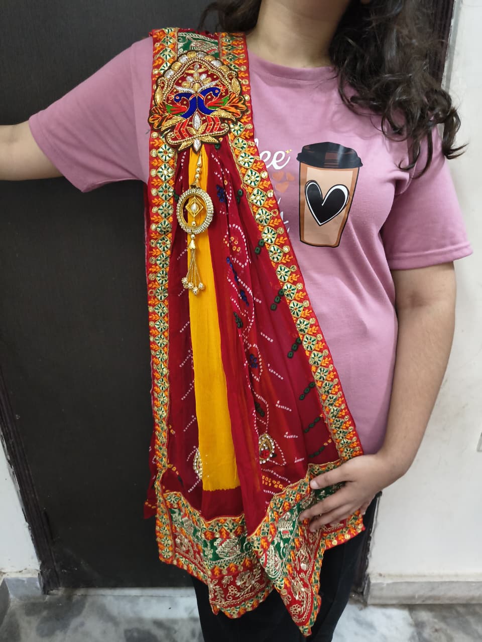 Rajasthani Bandhani Brooch Dupatta with Peacock Embroidery & Gota Patti Work