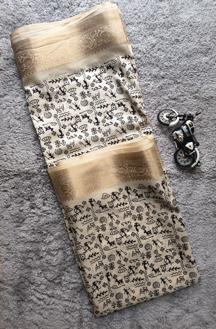 Warli Tribal Art Modal Silk Saree with Gold Banarasi Zari Border | Soft Modal Silk | Unstitched Blouse Included | 6 Colors