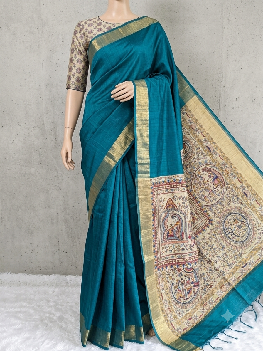 Modal Silk Madhubani Print Saree — Peacock Blue | With Blouse Piece