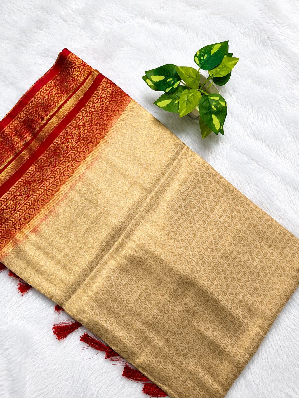 Soft Silk Kanjeevaram Style Saree — Beige with Red Zari Border | With Blouse Piece