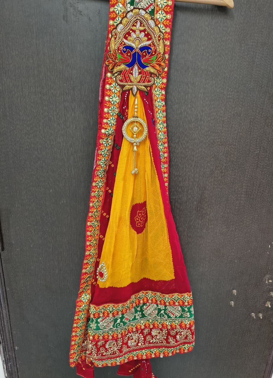Rajasthani Bandhani Brooch Dupatta with Peacock Embroidery & Gota Patti Work