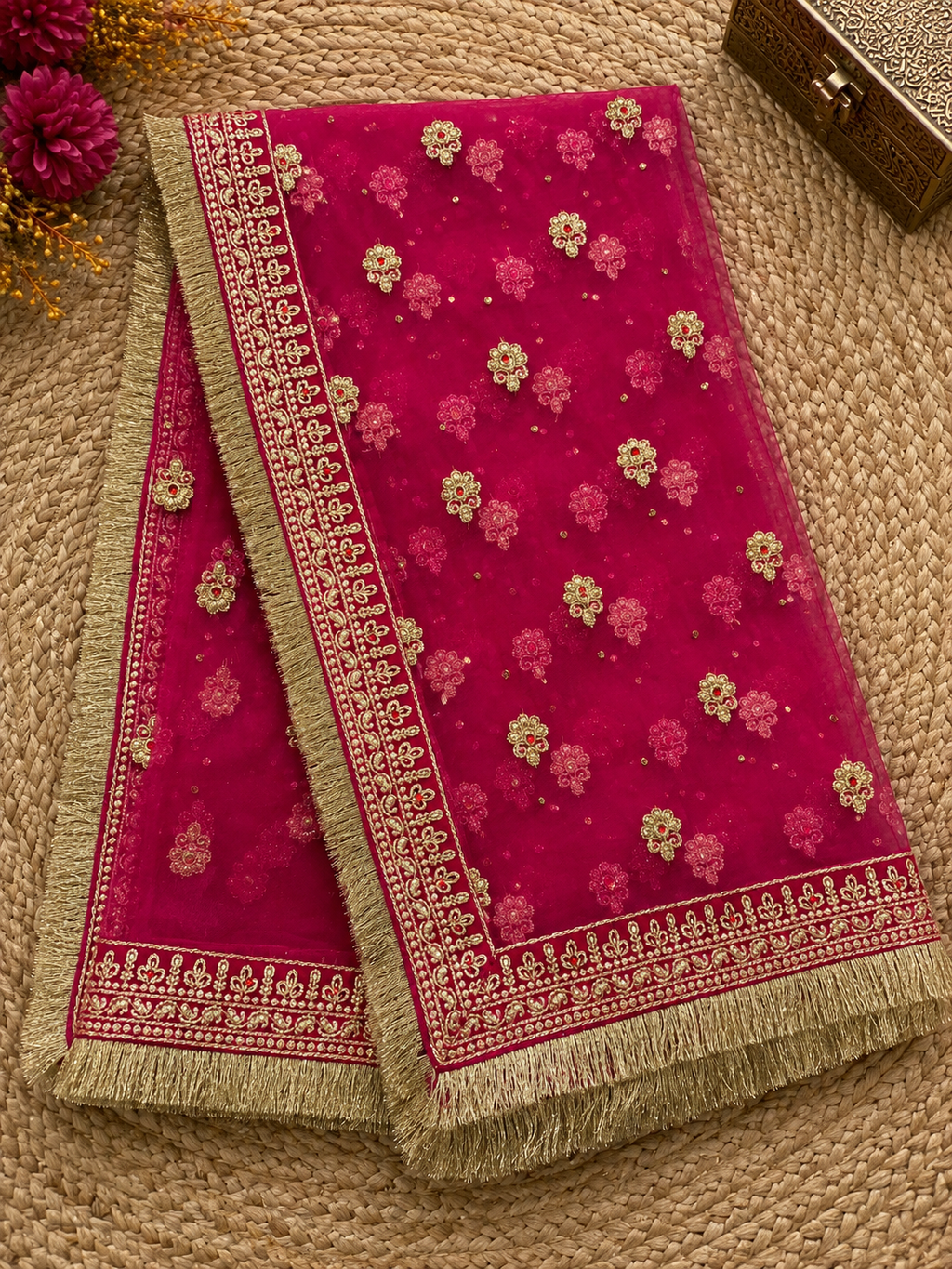 Magenta Pink Zardozi Bridal Dupatta — Handcrafted Net Dupatta with Gold Embroidery & Fringe