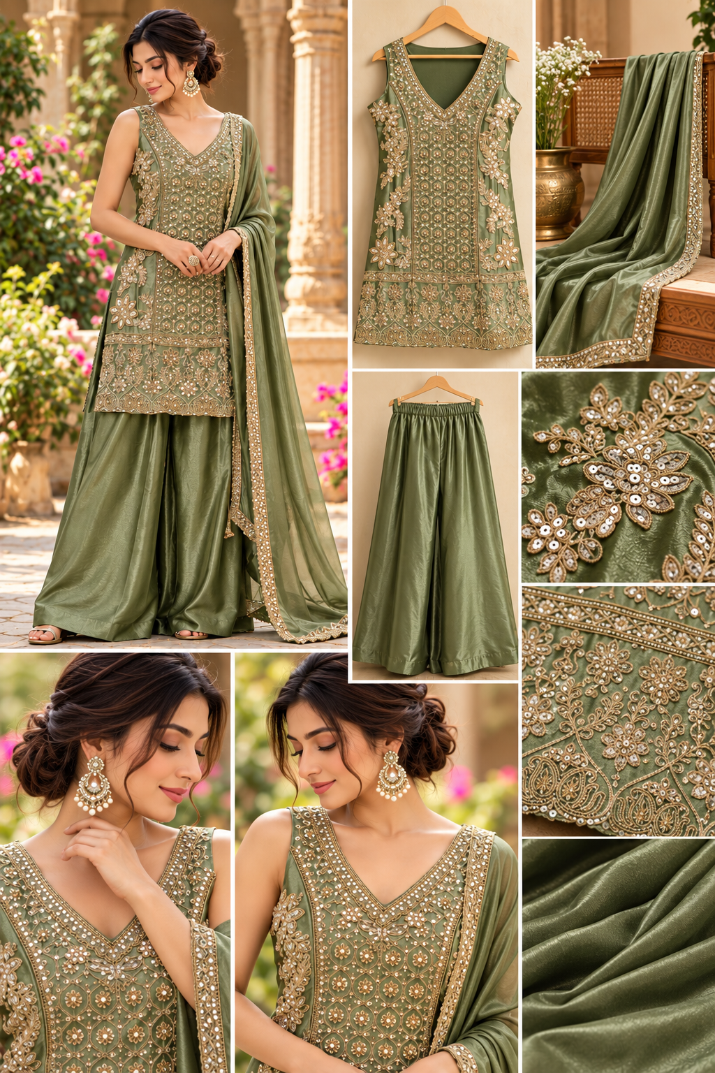 Olive Green Zari & Sequin Embroidered Palazzo Suit Set