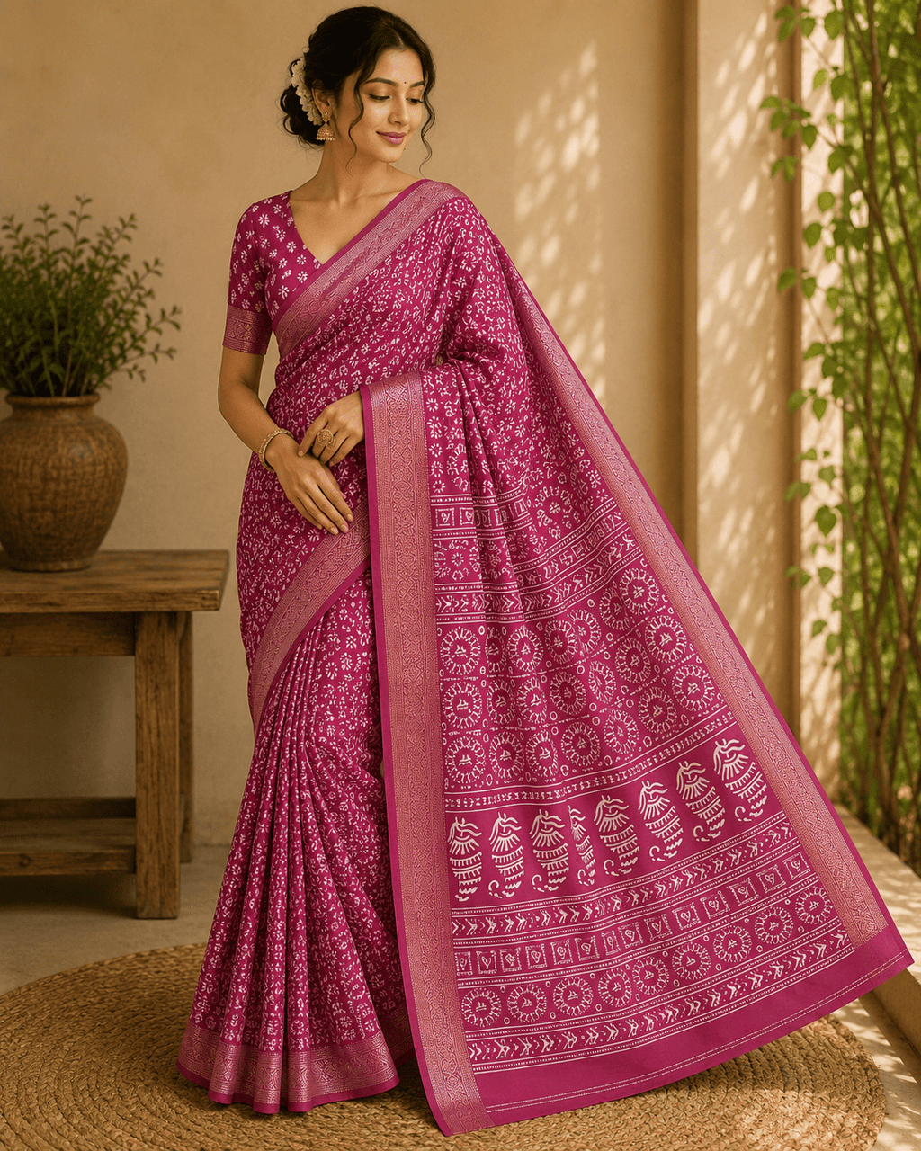 Warli Tribal Art Modal Silk Saree with Gold Banarasi Zari Border | Soft Modal Silk | Unstitched Blouse Included | 6 Colors