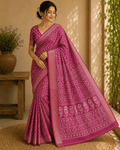 Warli Tribal Art Modal Silk Saree with Gold Banarasi Zari Border | Soft Modal Silk | Unstitched Blouse Included | 6 Colors