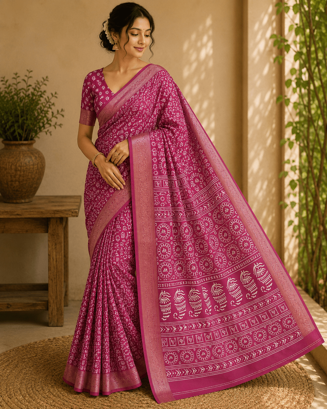 Warli Tribal Art Modal Silk Saree with Gold Banarasi Zari Border | Soft Modal Silk | Unstitched Blouse Included | 6 Colors